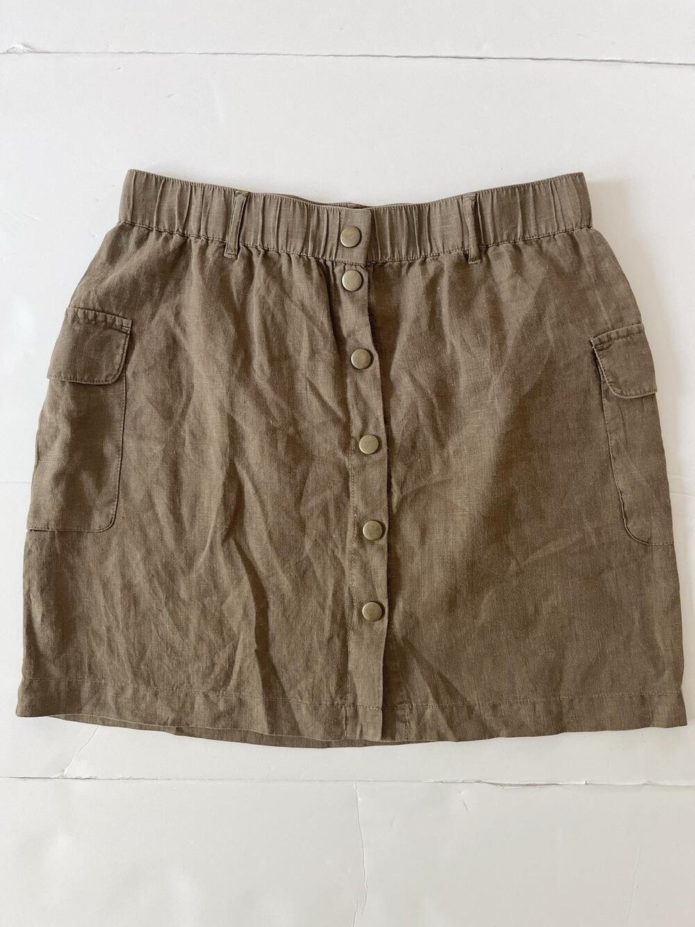 Michael Stars Skirt Womens M Brown Linen Cargo Mini Elastic Waist Pockets Travel